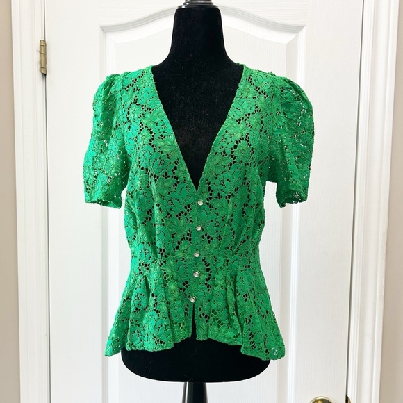 Zara Lace V-Neck Top Short Sleeve Rhinestone Button Blouse Green Size Small NWT - Picture 16 of 16